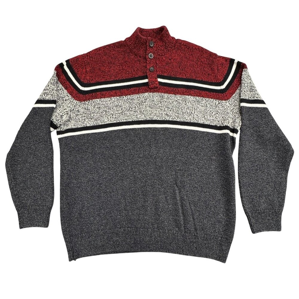 Chaps Mens Size XL Pullover Sweater Gray Red White Mock Neck Long Sleeve Cotton